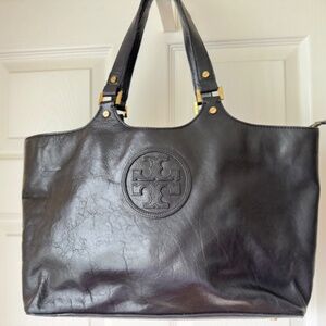 Tory Burch Large Black Satchel Leather Handbag Gold Hardware Double Handle Zip